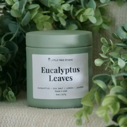 Green candle jar labeled 'Eucalyptus Leaves' by Little Tree Studio surrounded by greenery.